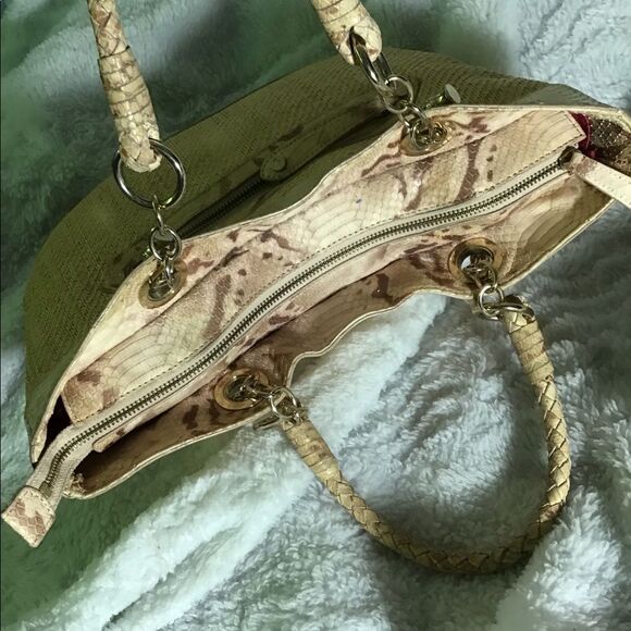 Elaine Turner Snakeskin & Woven Straw Tote Bag - Cream/Tan with Pink Interior - Picture 7 of 11